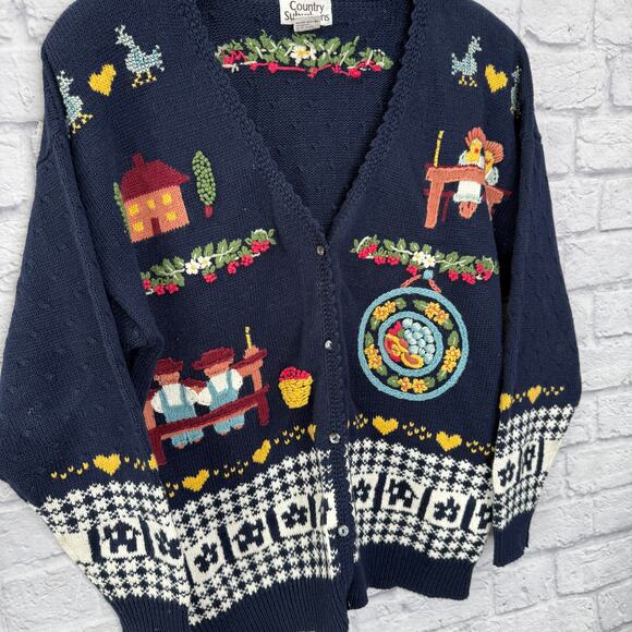 Vintage Country Suburbans Cardigan Sweater Knit Farm Chickens Blue Size L V-Neck - Picture 2 of 5